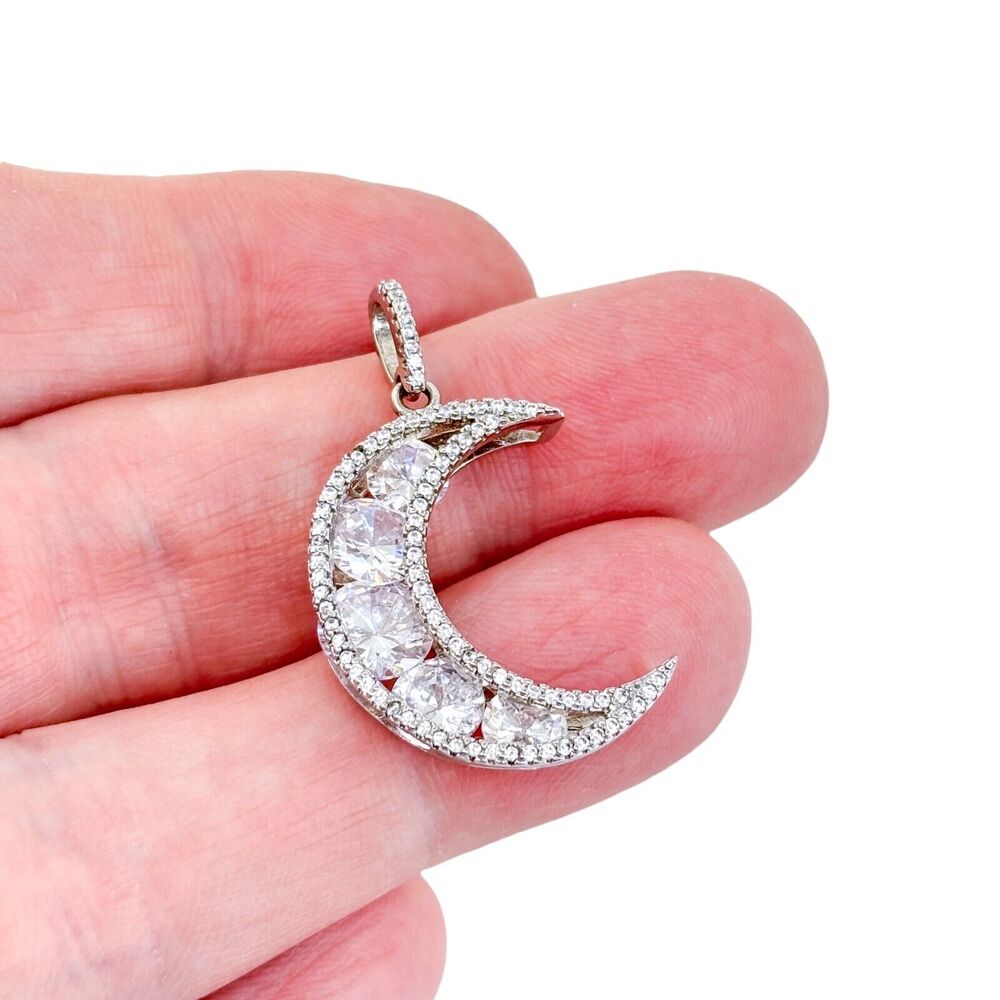 Vintage China Sterling Silver 925 Cubic Zirconia Crescent Moon Pendant